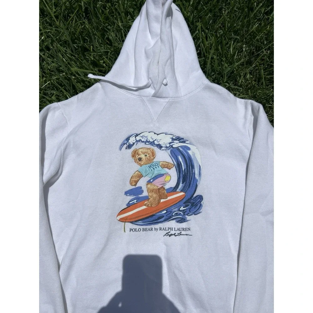 Polo Ralph Lauren Surfing Bear Hoodie Sweatshirt Men's Large White Pullover